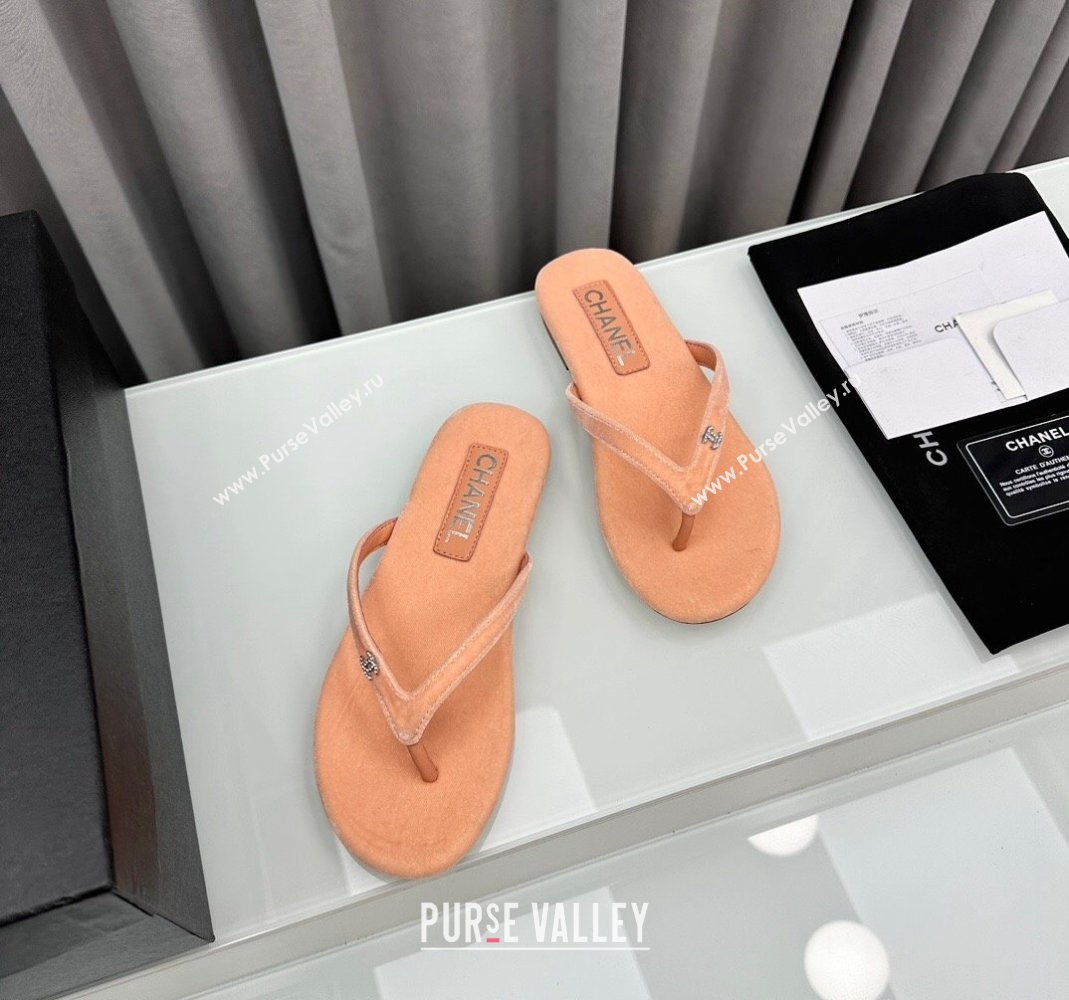 Chanel Velvet Flat Thong Slide Sandals with Crystal CC G45716 Peachy Pink 2024 (MD-240425042)