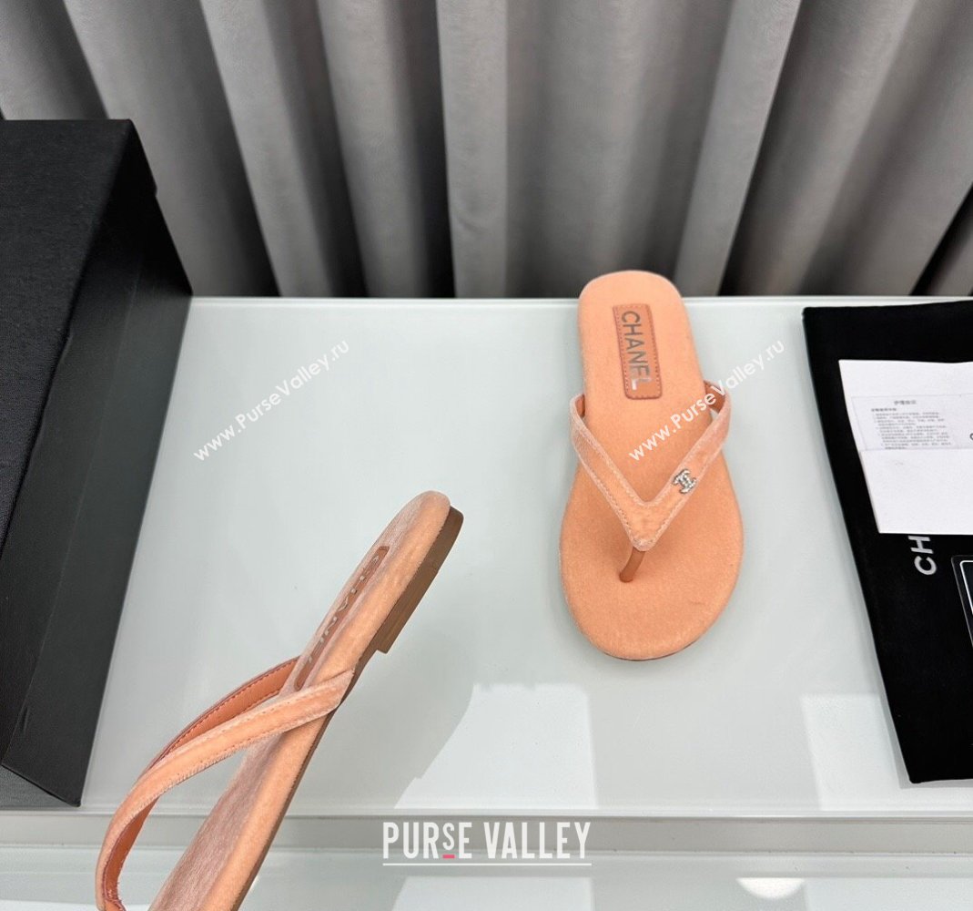 Chanel Velvet Flat Thong Slide Sandals with Crystal CC G45716 Peachy Pink 2024 (MD-240425042)