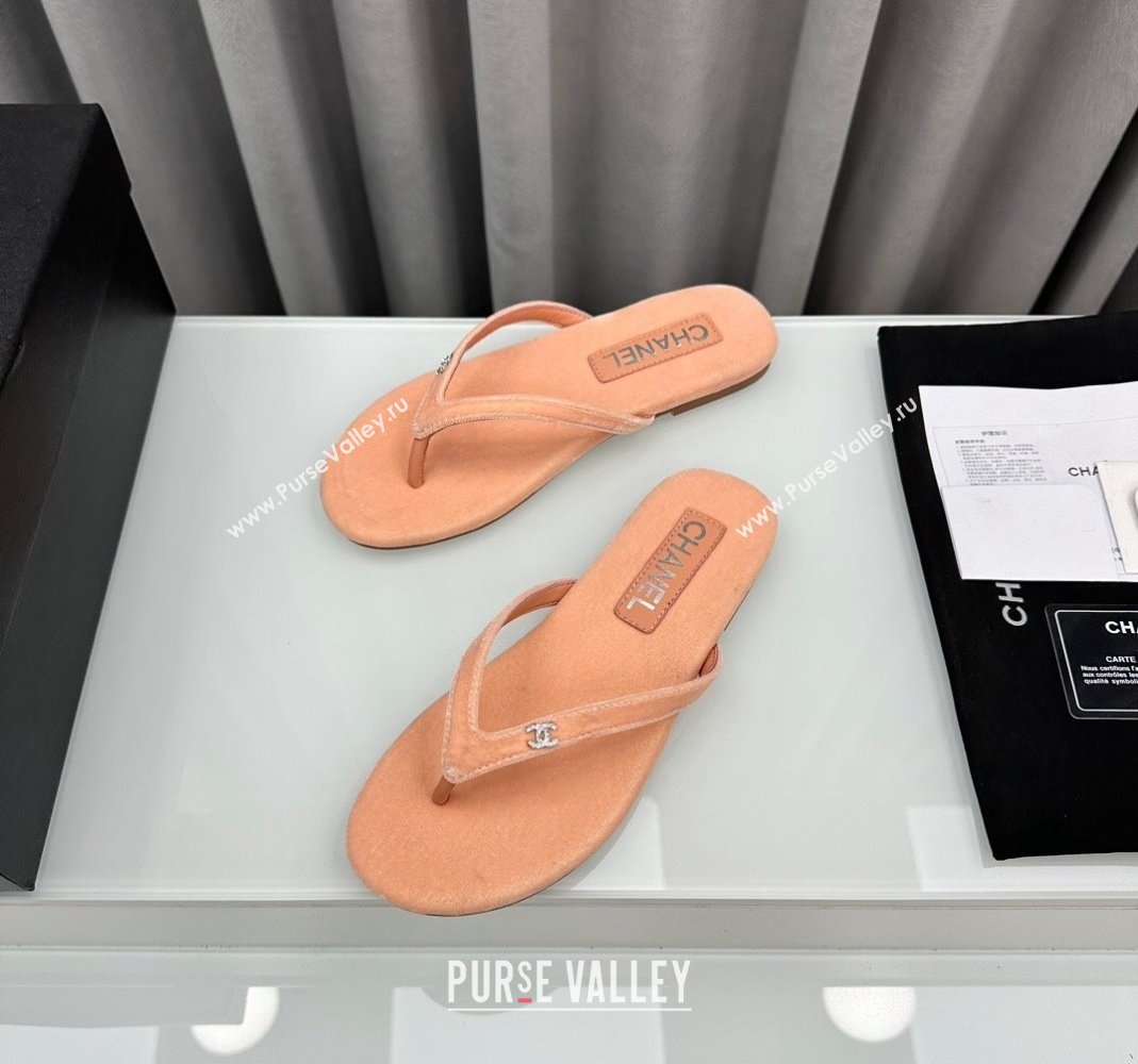 Chanel Velvet Flat Thong Slide Sandals with Crystal CC G45716 Peachy Pink 2024 (MD-240425042)