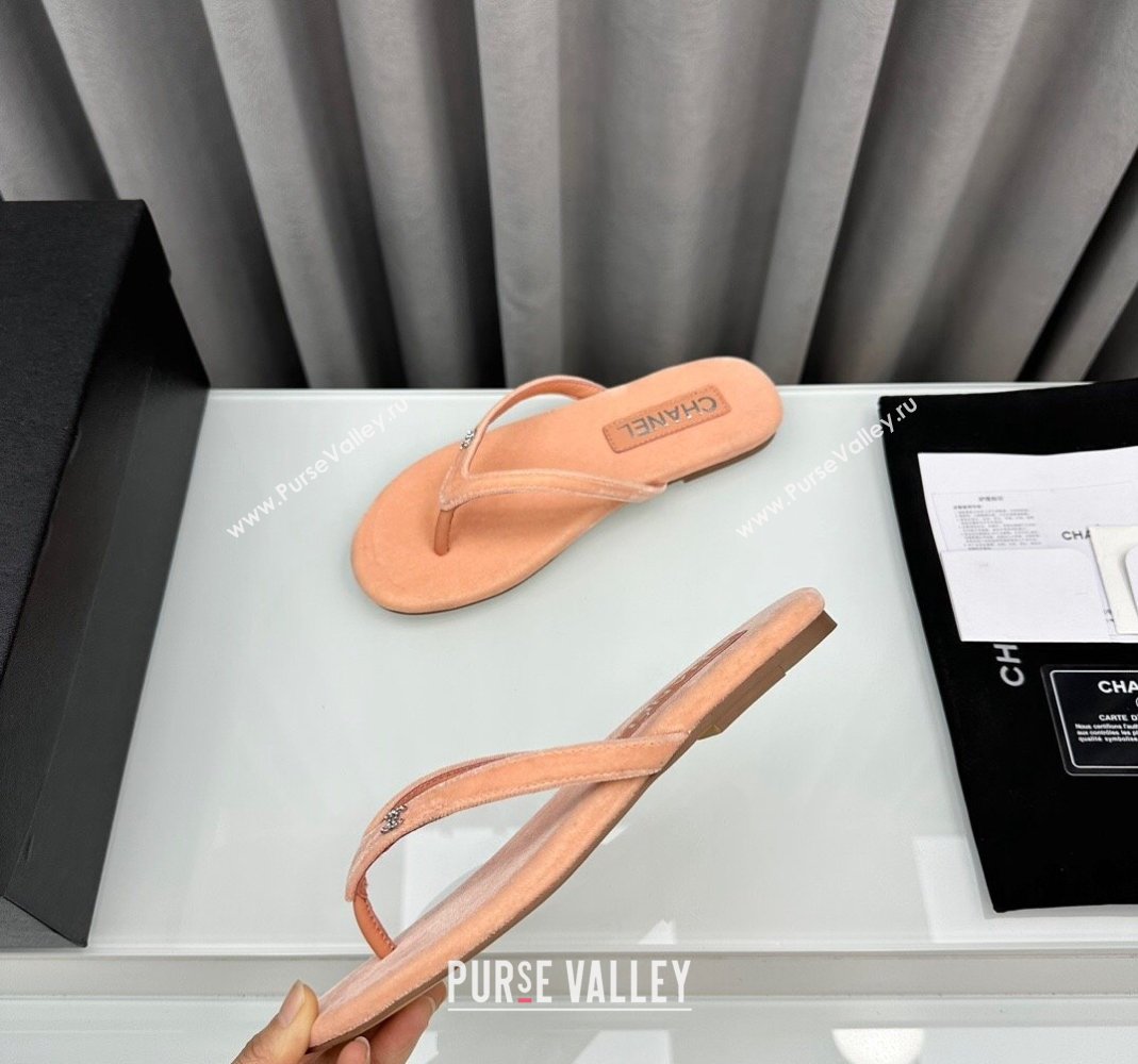 Chanel Velvet Flat Thong Slide Sandals with Crystal CC G45716 Peachy Pink 2024 (MD-240425042)
