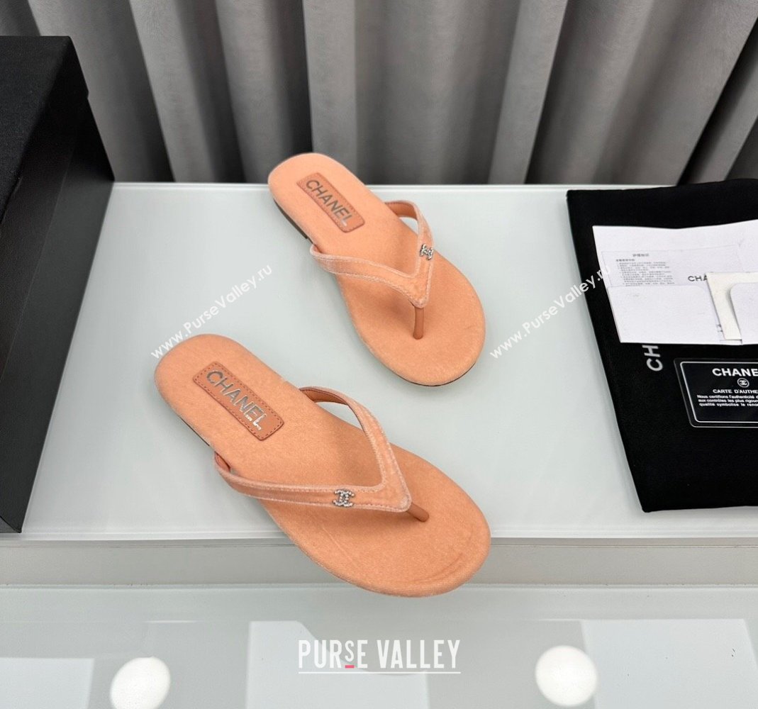 Chanel Velvet Flat Thong Slide Sandals with Crystal CC G45716 Peachy Pink 2024 (MD-240425042)