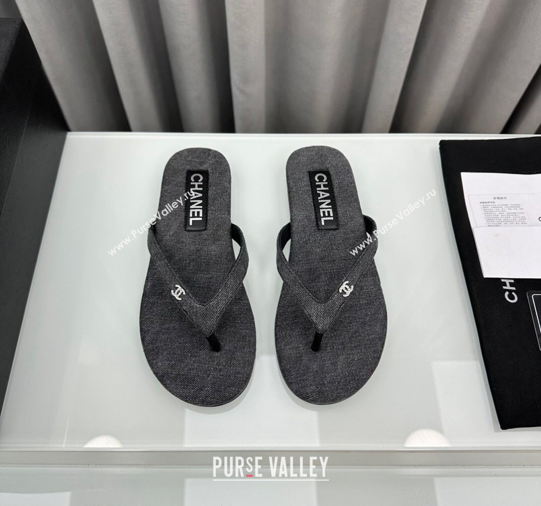 Chanel Cotton Flat Thong Slide Sandals with Crystal CC G45716 Dark Grey 2024 (MD-240425044)