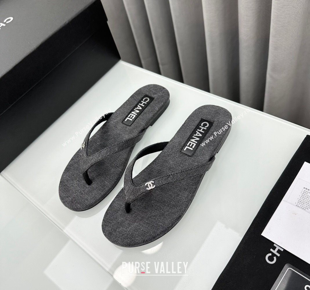 Chanel Cotton Flat Thong Slide Sandals with Crystal CC G45716 Dark Grey 2024 (MD-240425044)