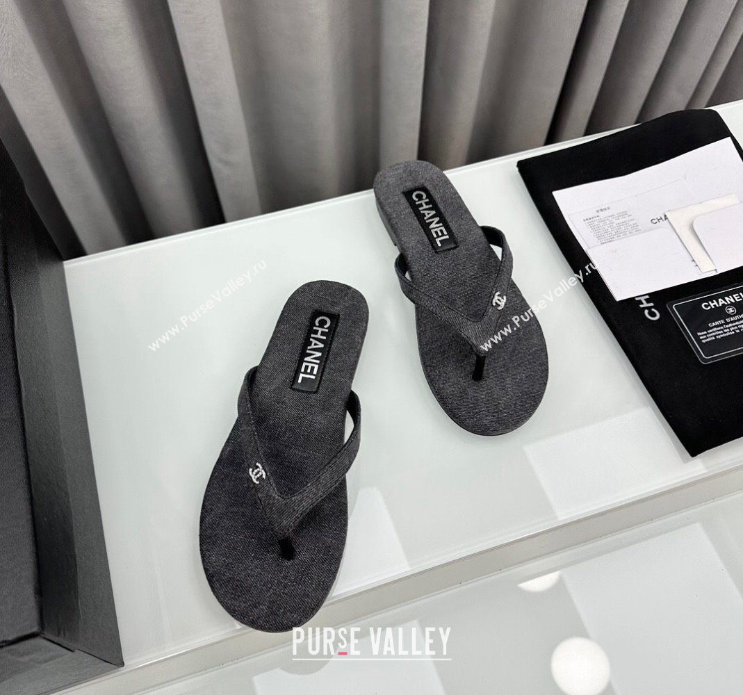 Chanel Cotton Flat Thong Slide Sandals with Crystal CC G45716 Dark Grey 2024 (MD-240425044)
