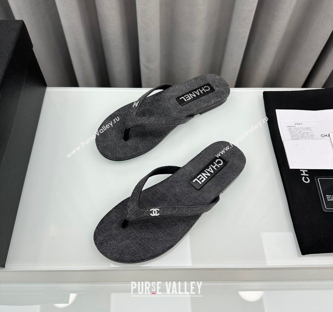 Chanel Cotton Flat Thong Slide Sandals with Crystal CC G45716 Dark Grey 2024 (MD-240425044)