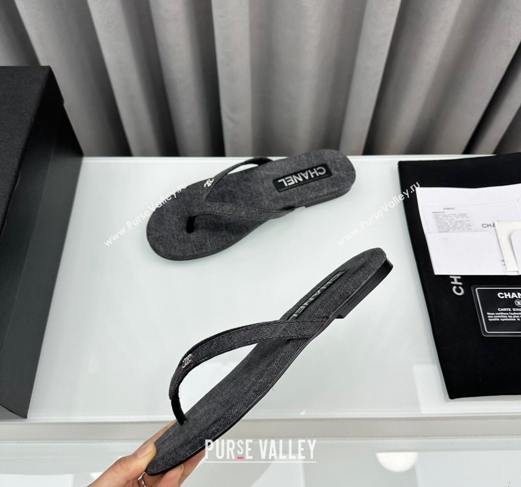 Chanel Cotton Flat Thong Slide Sandals with Crystal CC G45716 Dark Grey 2024 (MD-240425044)