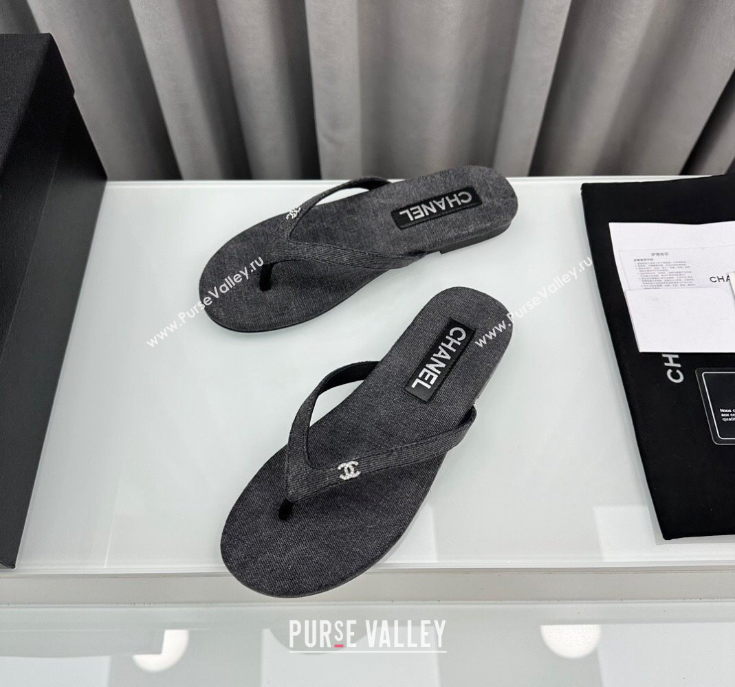 Chanel Cotton Flat Thong Slide Sandals with Crystal CC G45716 Dark Grey 2024 (MD-240425044)