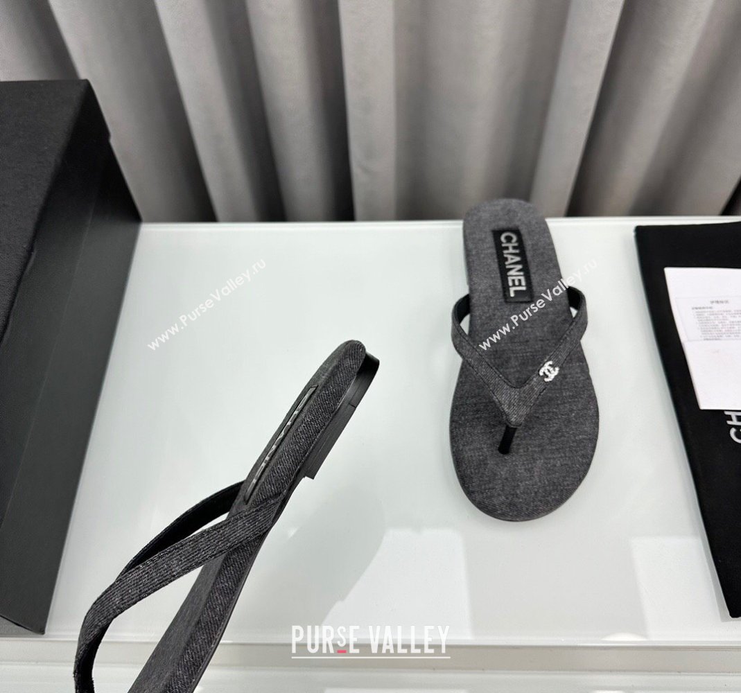 Chanel Cotton Flat Thong Slide Sandals with Crystal CC G45716 Dark Grey 2024 (MD-240425044)
