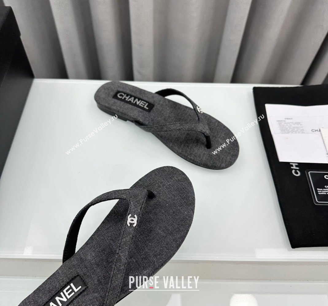 Chanel Cotton Flat Thong Slide Sandals with Crystal CC G45716 Dark Grey 2024 (MD-240425044)