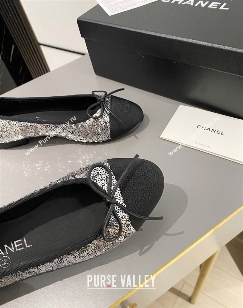 Chanel Sequins Grosgrain Ballet Flat with Bow G45591 Silver 2024 (MD-240423133)