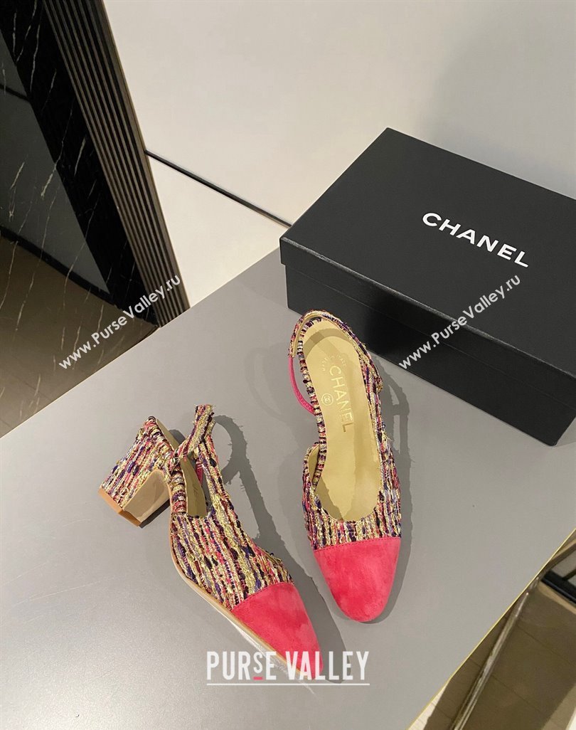 Chanel Tweed Suede Slingbacks Pumps 6.5cm G31318 Red 2024 0423 (MD-240423115)