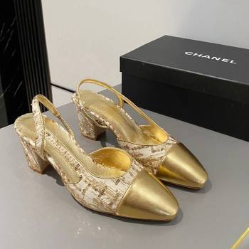Chanel Tweed Calfskin Slingbacks Pumps 6.5cm G31318 Gold 2024 0423 (MD-240423116)