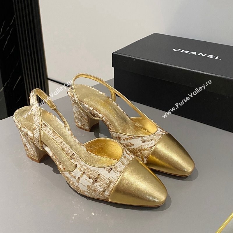 Chanel Tweed Calfskin Slingbacks Pumps 6.5cm G31318 Gold 2024 0423 (MD-240423116)