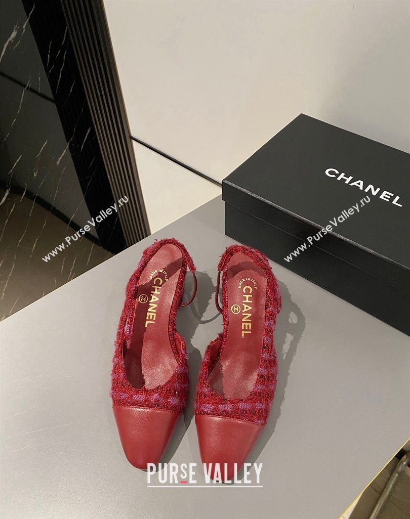 Chanel Tweed Calfskin Slingbacks Pumps 6.5cm G31318 Red 2024 0423 (MD-240423118)
