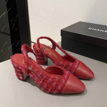 Chanel Tweed Calfskin Slingbacks Pumps 6.5cm G31318 Red 2024 0423 (MD-240423118)