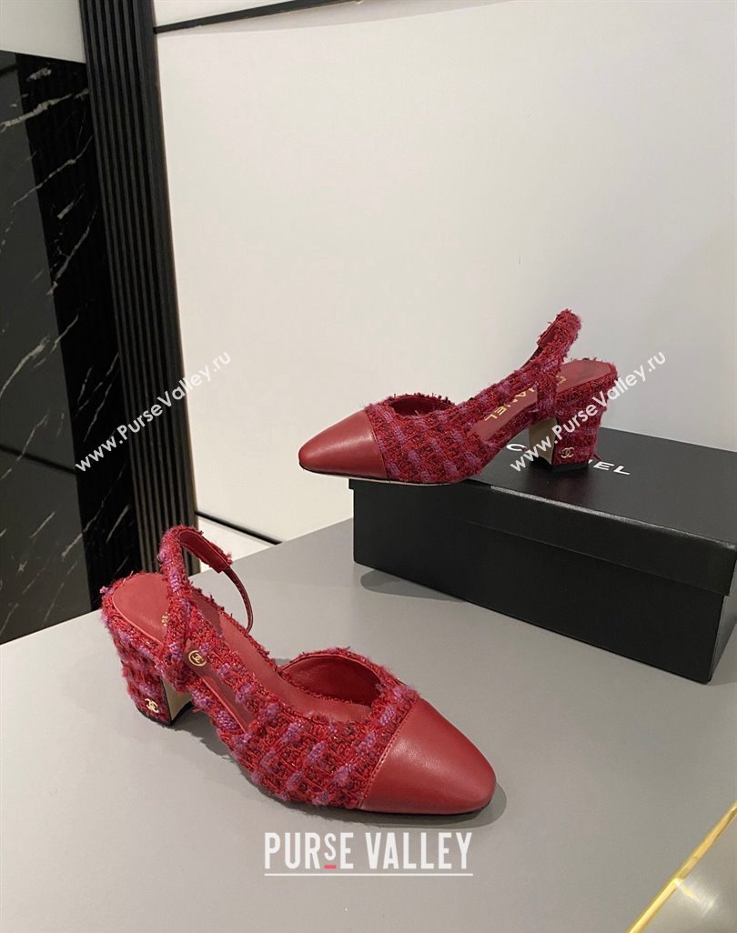 Chanel Tweed Calfskin Slingbacks Pumps 6.5cm G31318 Red 2024 0423 (MD-240423118)