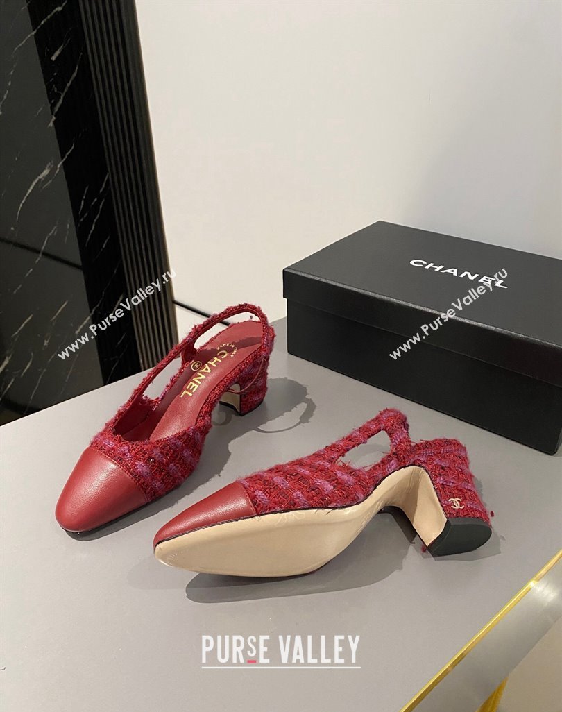Chanel Tweed Calfskin Slingbacks Pumps 6.5cm G31318 Red 2024 0423 (MD-240423118)