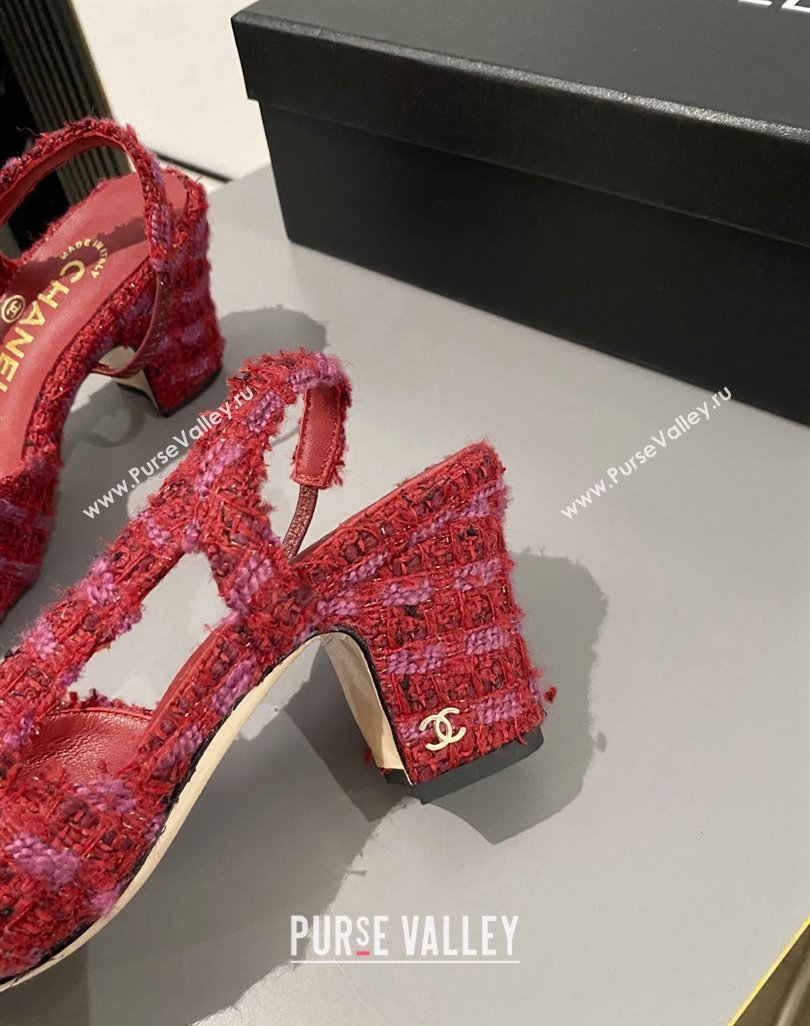 Chanel Tweed Calfskin Slingbacks Pumps 6.5cm G31318 Red 2024 0423 (MD-240423118)