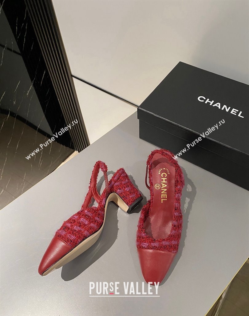 Chanel Tweed Calfskin Slingbacks Pumps 6.5cm G31318 Red 2024 0423 (MD-240423118)
