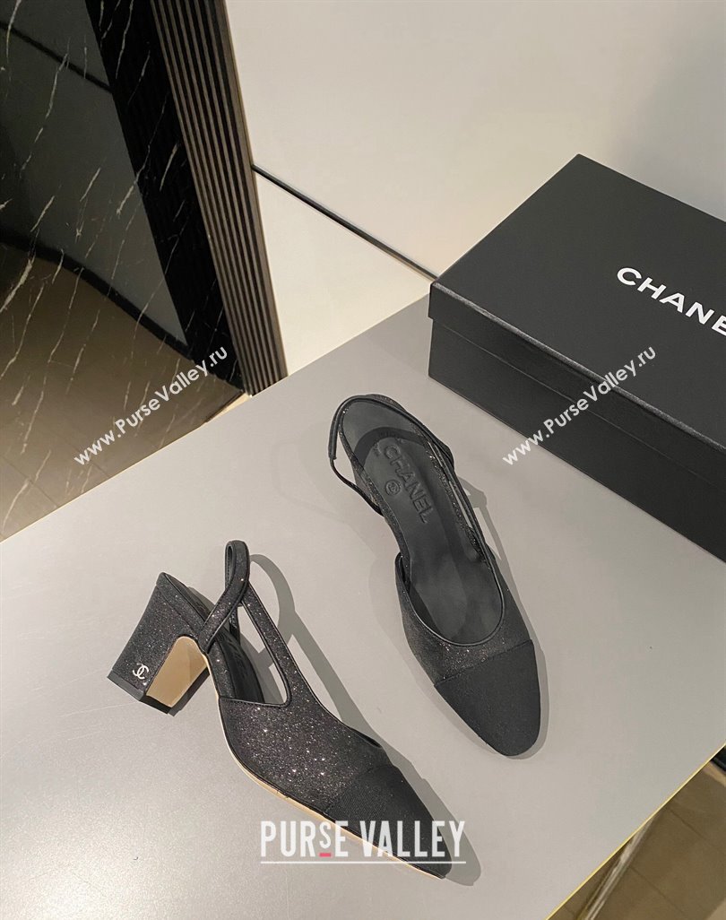 Chanel Glitter Grosgrain Slingbacks Pumps 6.5cm G31318 Black 2024 0423 (MD-240423120)