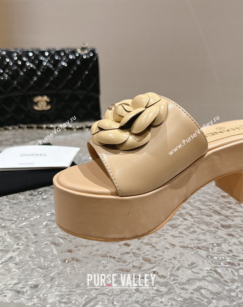 Chanel Camellia Bloom Lambskin Wedge Platform Slide Sandals 6.5cm Beige 2024 0424 (MD-240424188)