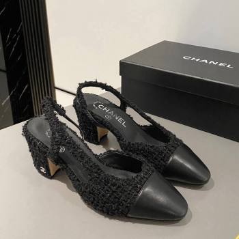 Chanel Tweed Calfskin Leather Slingbacks Pumps 6.5cm G31318 Black 2024 0423 (MD-240423129)