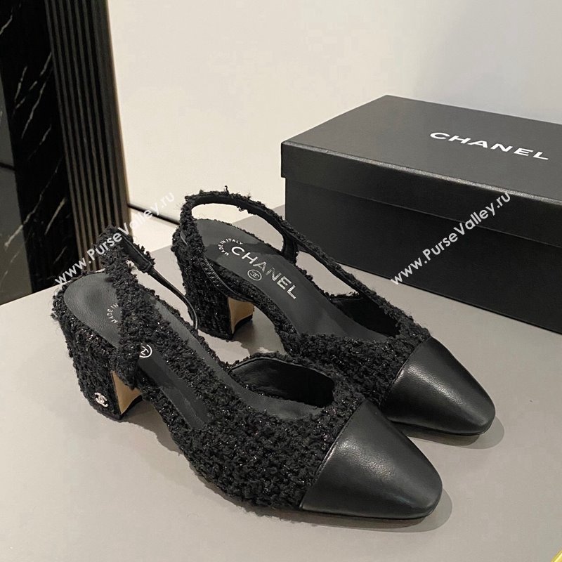 Chanel Tweed Calfskin Leather Slingbacks Pumps 6.5cm G31318 Black 2024 0423 (MD-240423129)