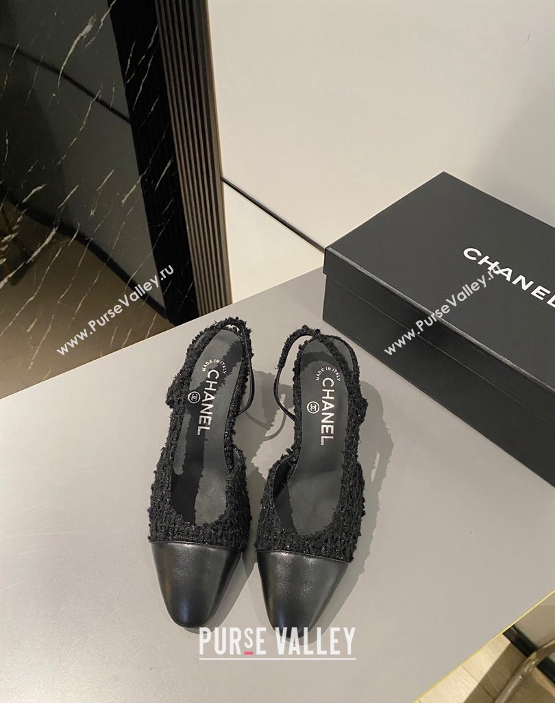 Chanel Tweed Calfskin Leather Slingbacks Pumps 6.5cm G31318 Black 2024 0423 (MD-240423129)