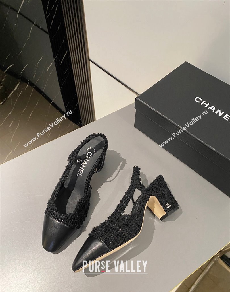 Chanel Tweed Calfskin Leather Slingbacks Pumps 6.5cm G31318 Black 2024 0423 (MD-240423129)