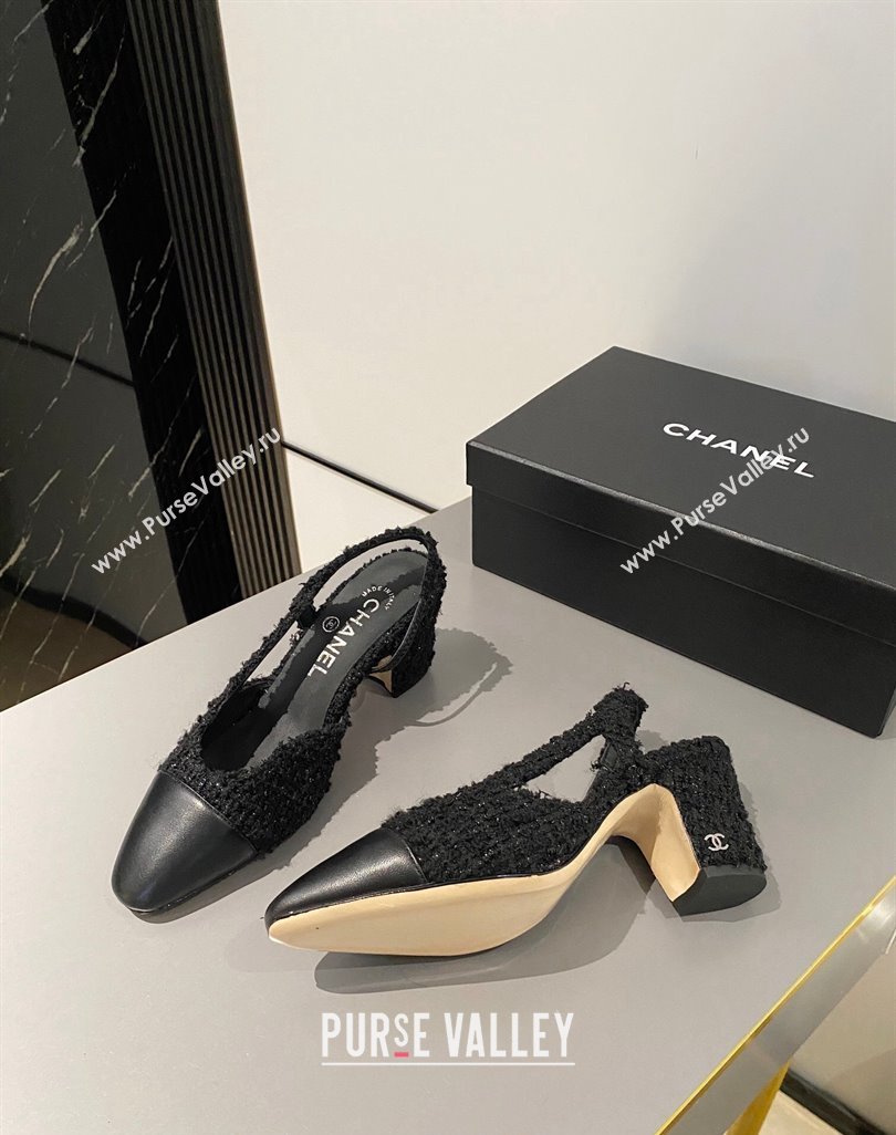 Chanel Tweed Calfskin Leather Slingbacks Pumps 6.5cm G31318 Black 2024 0423 (MD-240423129)