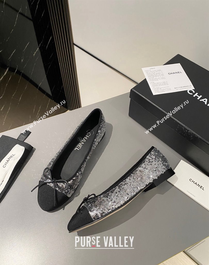 Chanel Sequins Grosgrain Ballet Flat with Bow G45591 Silver 2024 (MD-240423133)