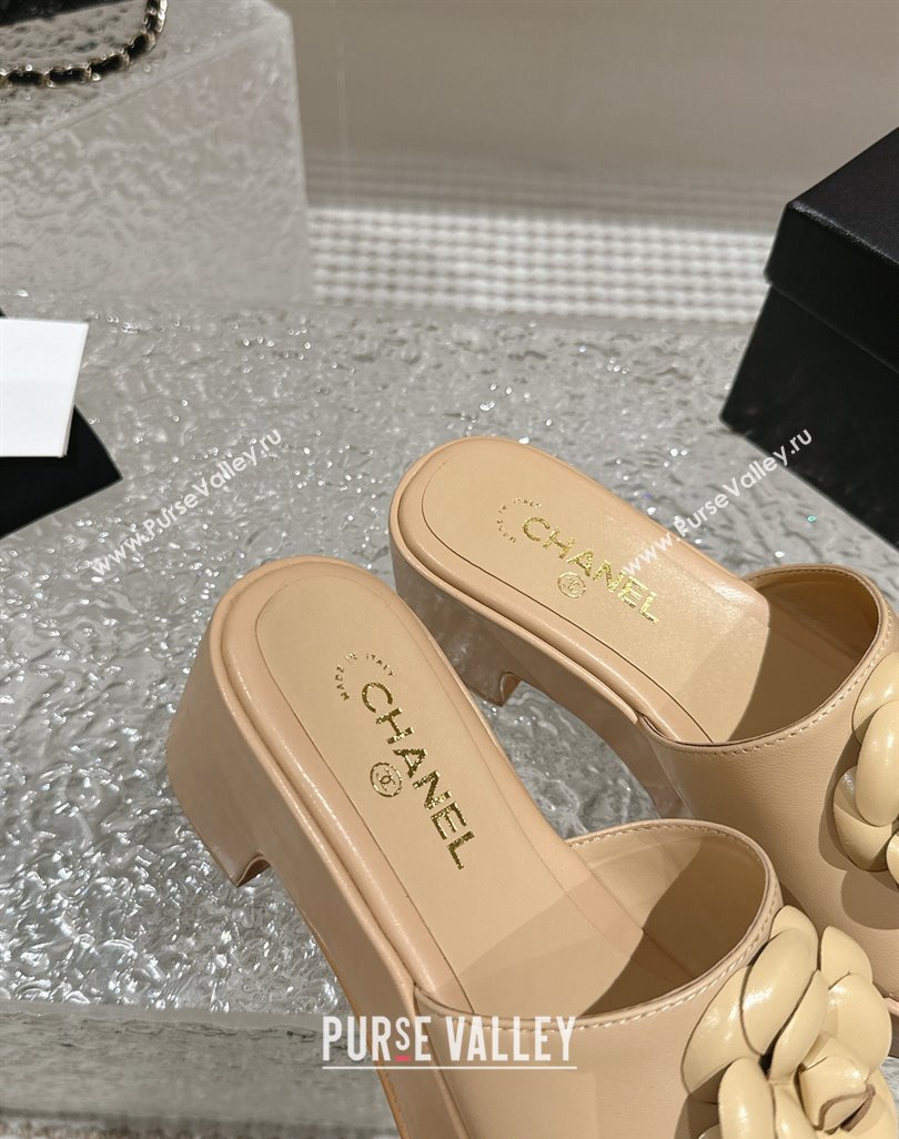 Chanel Camellia Bloom Lambskin Wedge Platform Slide Sandals 6.5cm Beige 2024 0424 (MD-240424188)