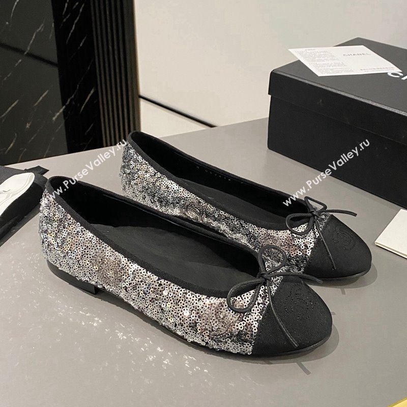 Chanel Sequins Grosgrain Ballet Flat with Bow G45591 Silver 2024 (MD-240423133)