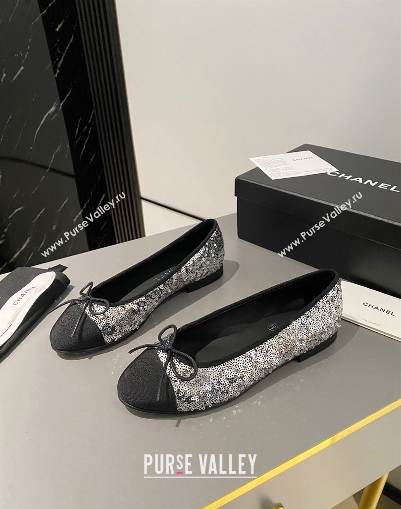 Chanel Sequins Grosgrain Ballet Flat with Bow G45591 Silver 2024 (MD-240423133)