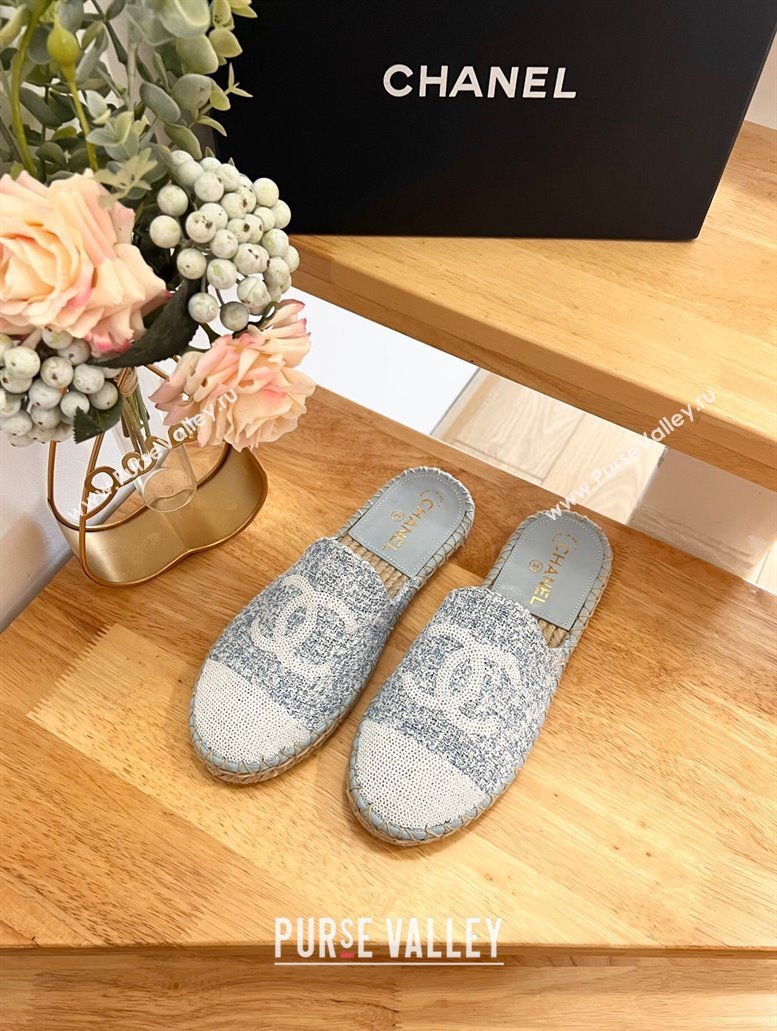 Chanel Tweed Sequins Espadrilles Flat Mules G45602 Light Blue 2024 (HB-240424196)