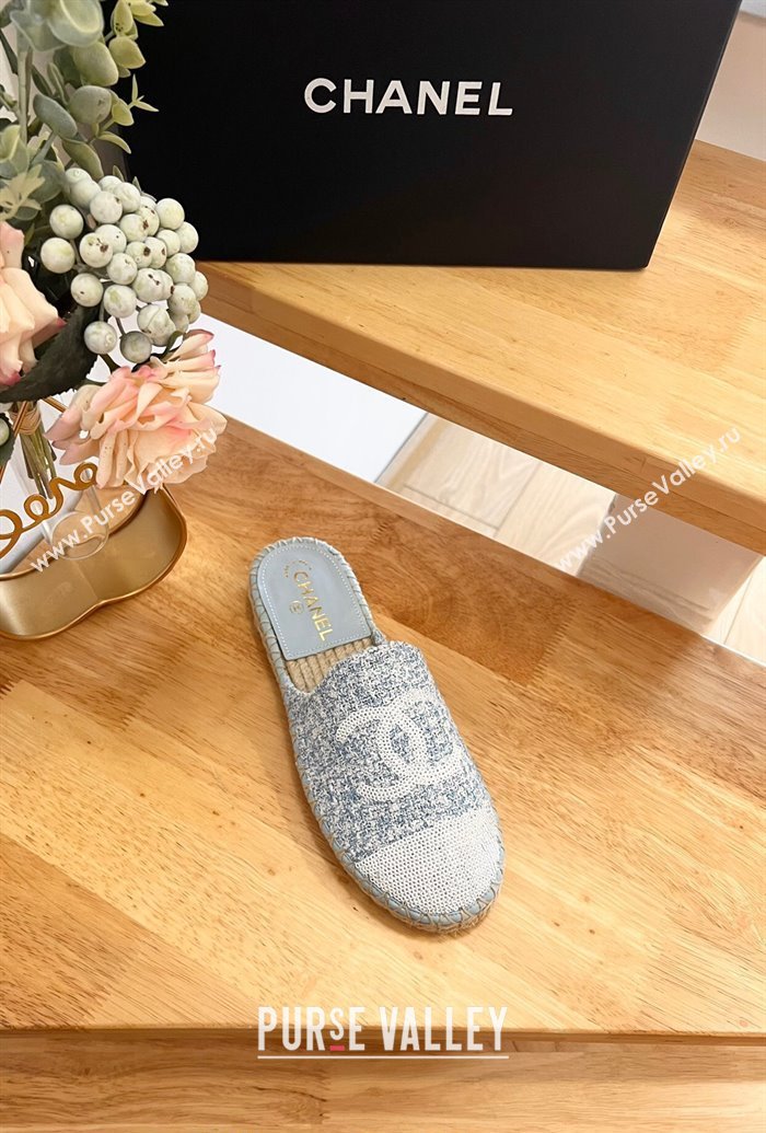 Chanel Tweed Sequins Espadrilles Flat Mules G45602 Light Blue 2024 (HB-240424196)