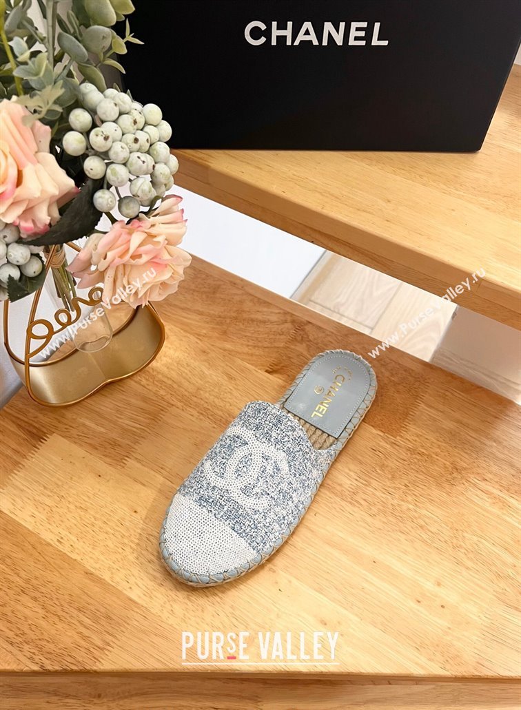 Chanel Tweed Sequins Espadrilles Flat Mules G45602 Light Blue 2024 (HB-240424196)