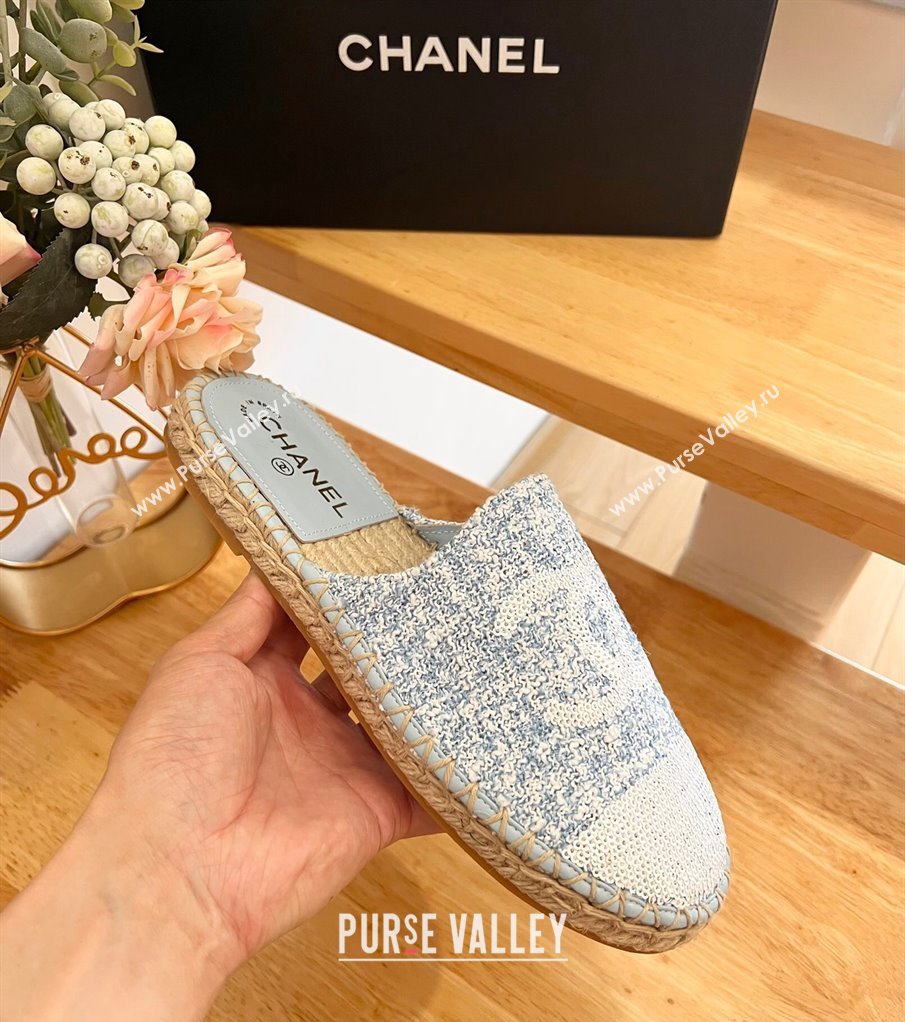 Chanel Tweed Sequins Espadrilles Flat Mules G45602 Light Blue 2024 (HB-240424196)