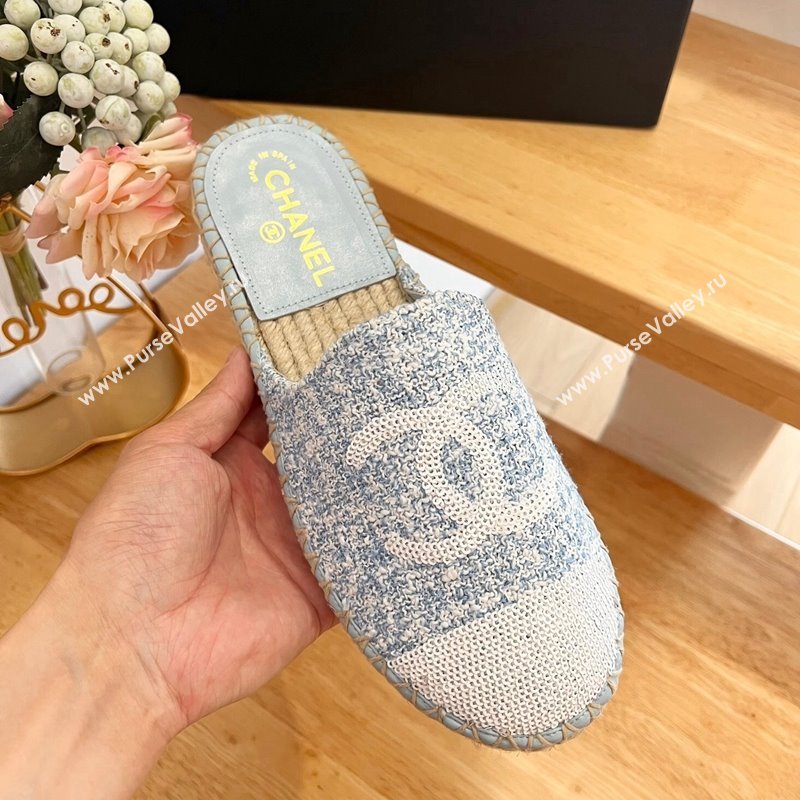 Chanel Tweed Sequins Espadrilles Flat Mules G45602 Light Blue 2024 (HB-240424196)