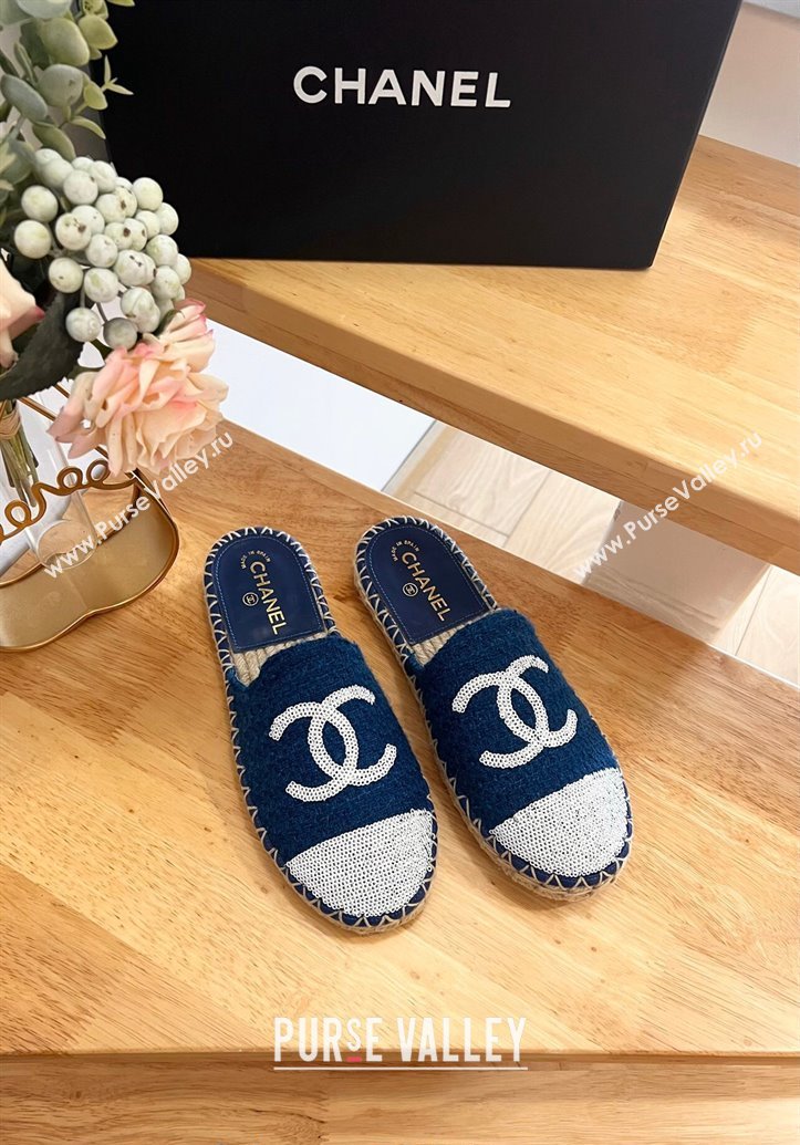 Chanel Tweed Sequins Espadrilles Flat Mules G45602 Dark Blue 2024 (HB-240424197)