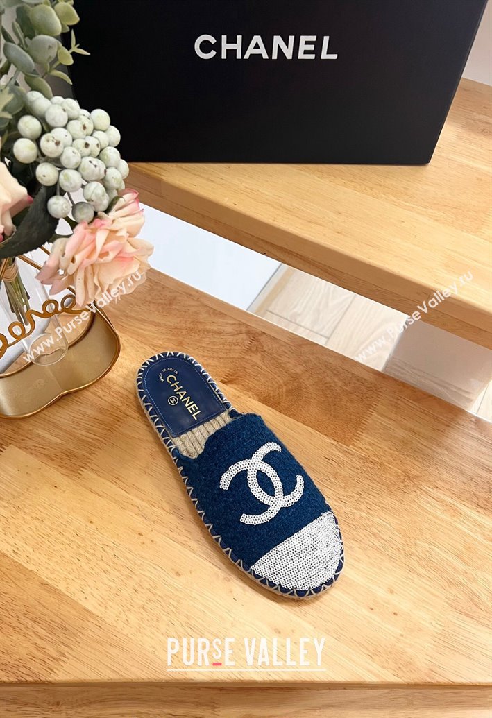 Chanel Tweed Sequins Espadrilles Flat Mules G45602 Dark Blue 2024 (HB-240424197)