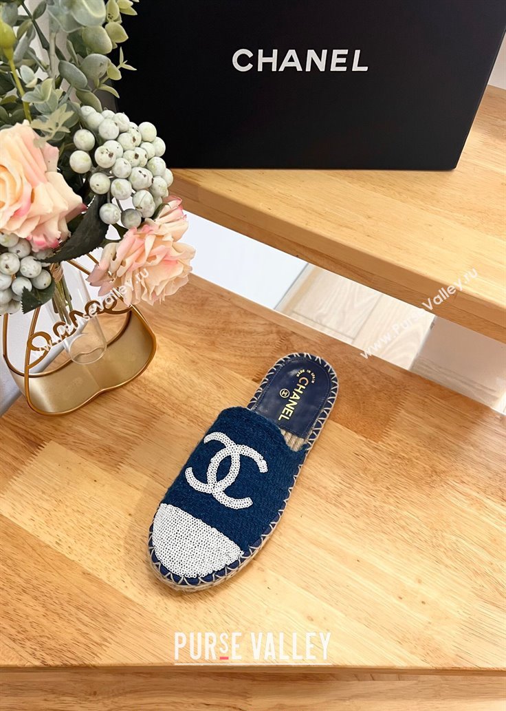 Chanel Tweed Sequins Espadrilles Flat Mules G45602 Dark Blue 2024 (HB-240424197)