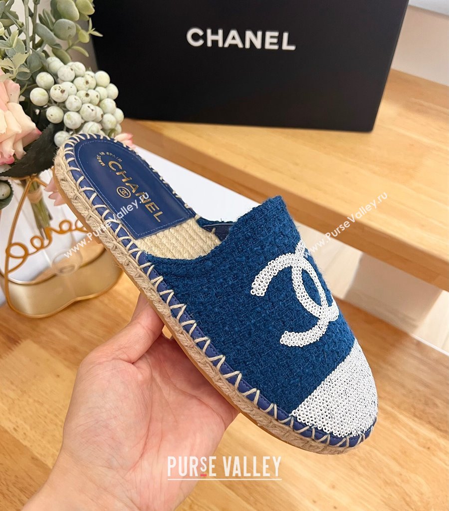 Chanel Tweed Sequins Espadrilles Flat Mules G45602 Dark Blue 2024 (HB-240424197)