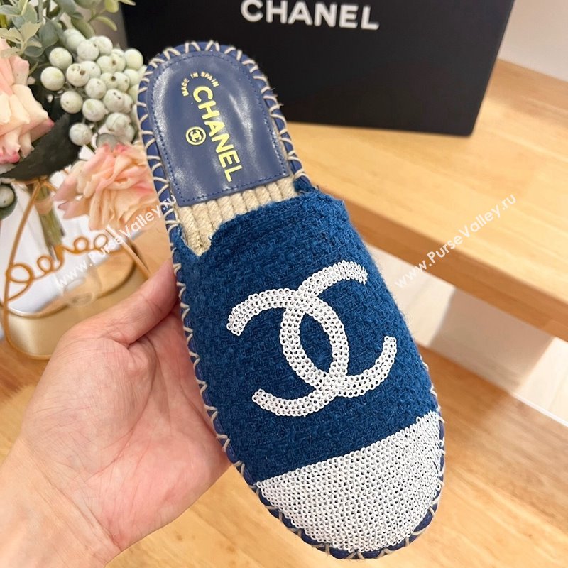 Chanel Tweed Sequins Espadrilles Flat Mules G45602 Dark Blue 2024 (HB-240424197)