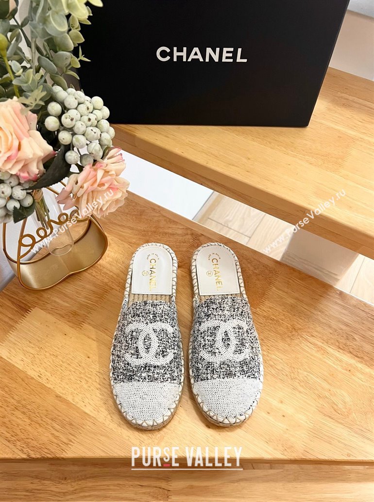 Chanel Tweed Sequins Espadrilles Flat Mules G45602 White/Black 2024 (HB-240424198)