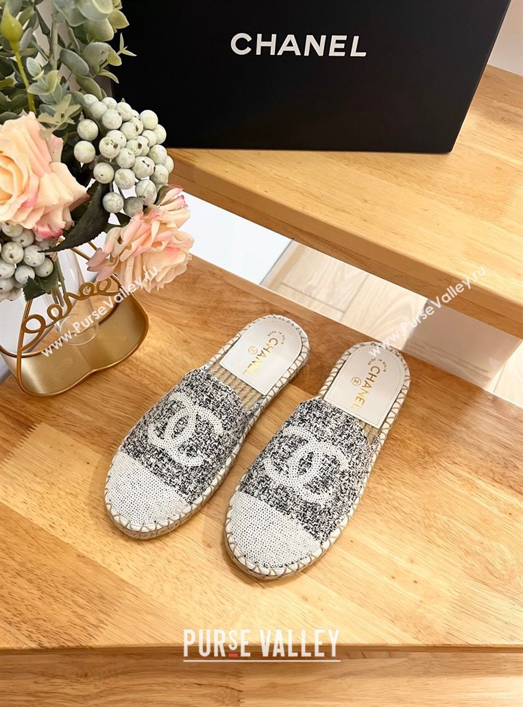 Chanel Tweed Sequins Espadrilles Flat Mules G45602 White/Black 2024 (HB-240424198)