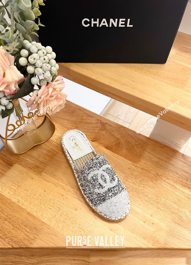 Chanel Tweed Sequins Espadrilles Flat Mules G45602 White/Black 2024 (HB-240424198)