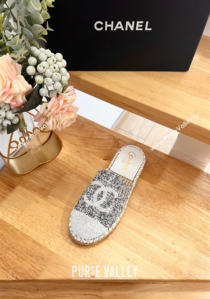 Chanel Tweed Sequins Espadrilles Flat Mules G45602 White/Black 2024 (HB-240424198)