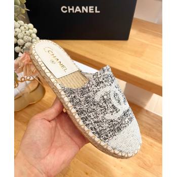 Chanel Tweed Sequins Espadrilles Flat Mules G45602 White/Black 2024 (HB-240424198)