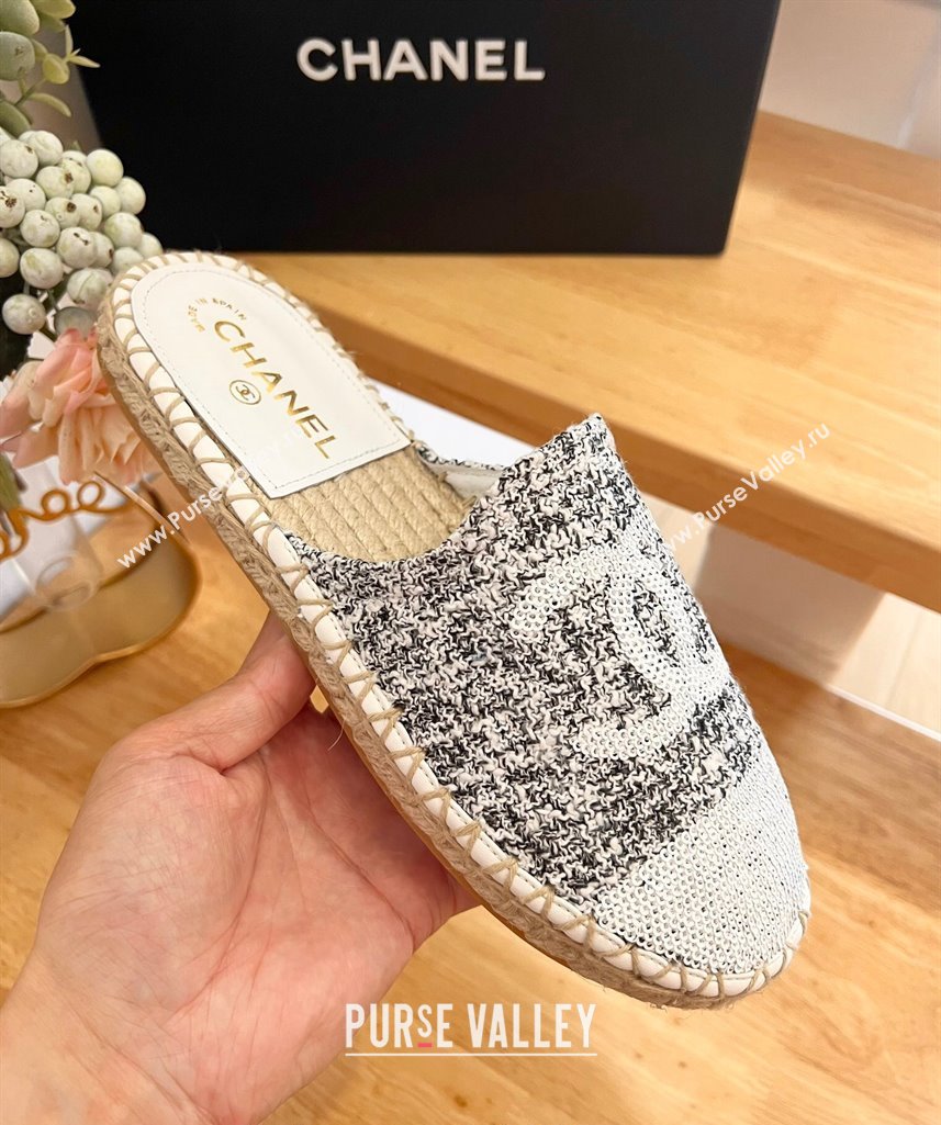 Chanel Tweed Sequins Espadrilles Flat Mules G45602 White/Black 2024 (HB-240424198)